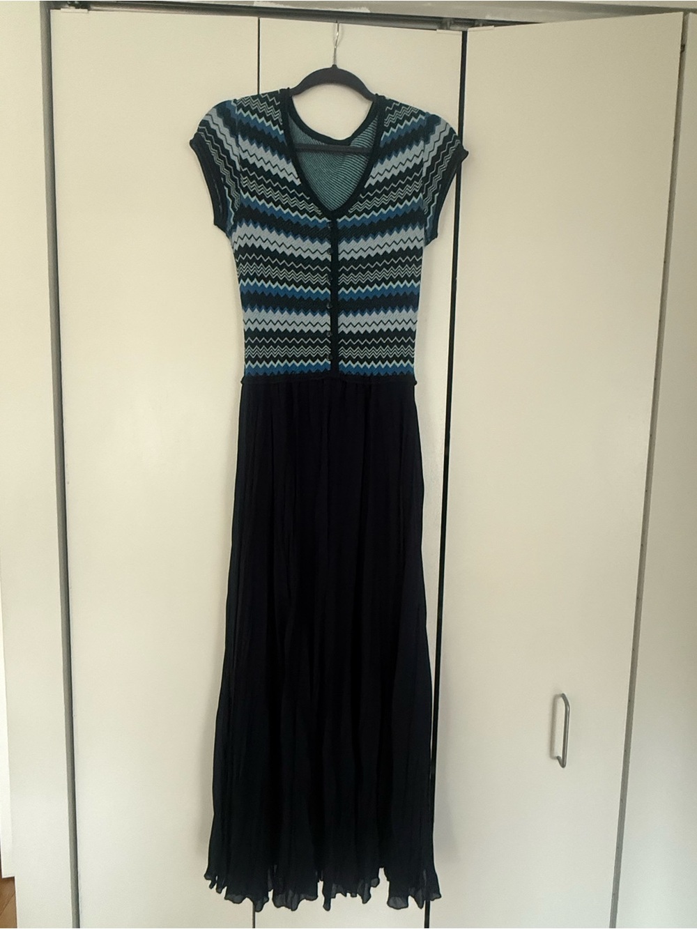 Blue Chevron Knit Top Black Maxi Dress